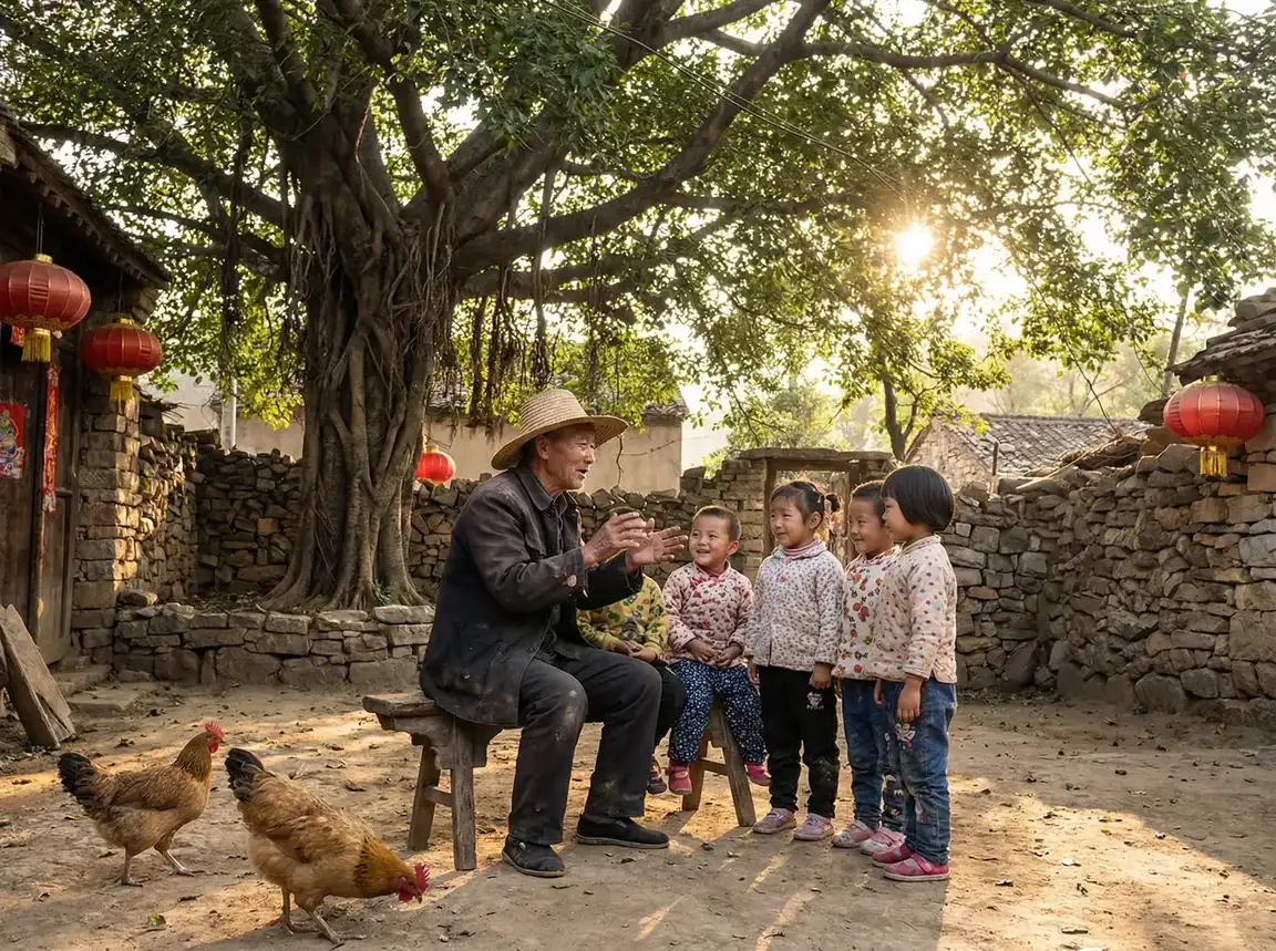 老人在大榕树下给孩子们讲故事 - 人妻与快递员HD三级 乡村记忆
